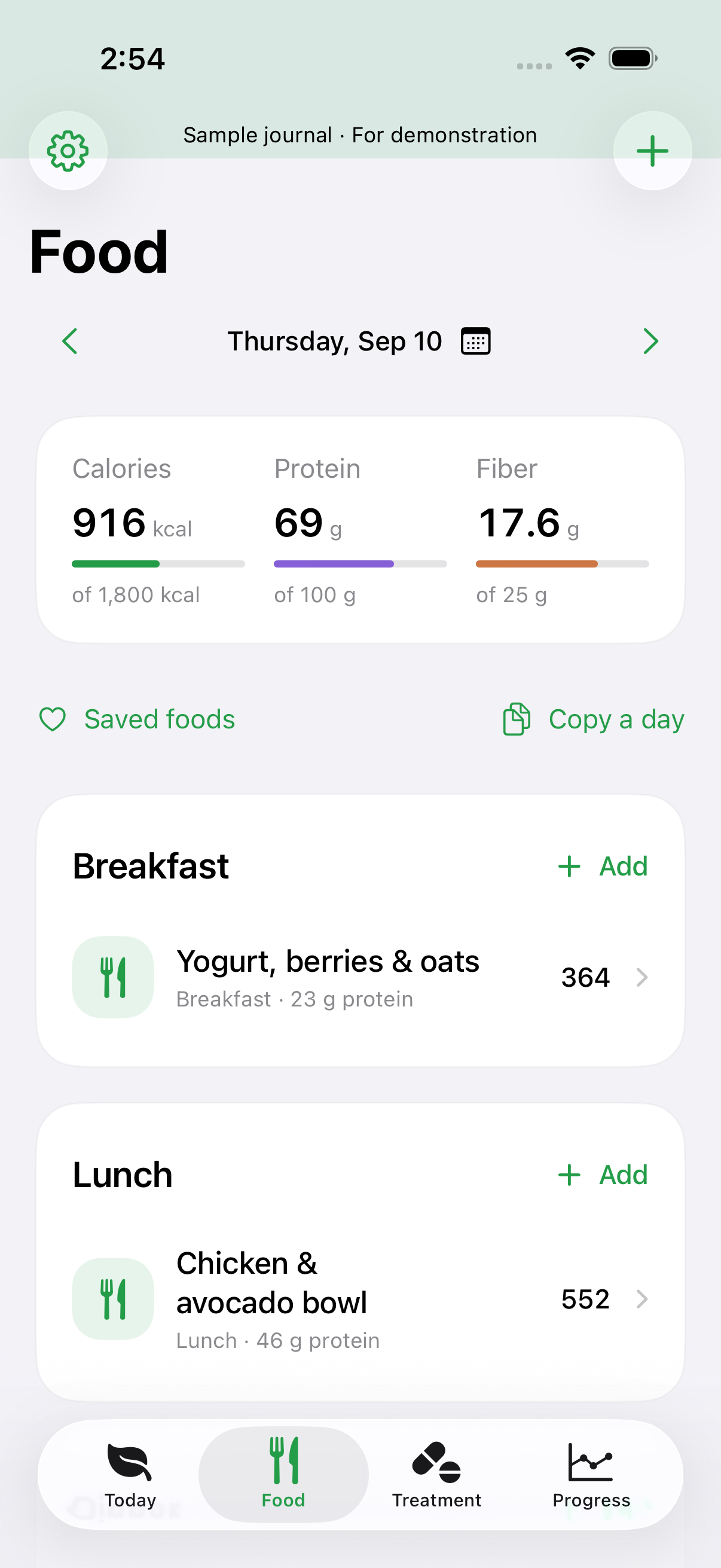 Nourish Food diary showing meals and their recorded nutrition. Fictional demonstration records.