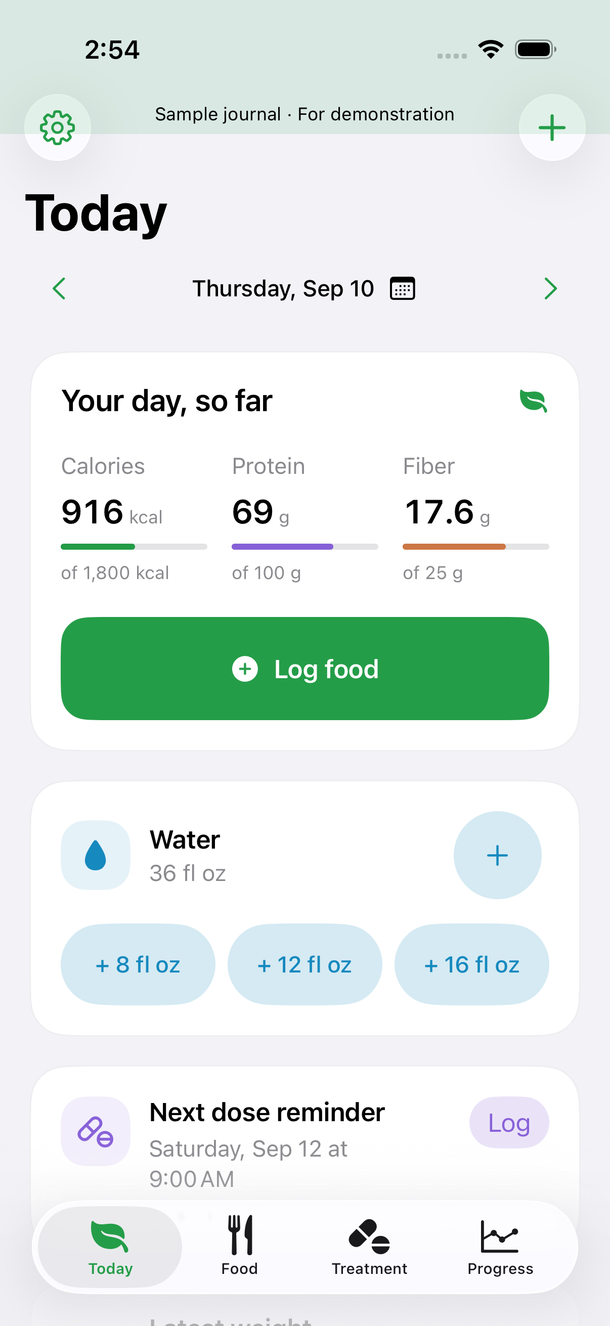 Nourish Today screen with recorded nutrients, water, and the next reminder. Fictional demonstration records.
