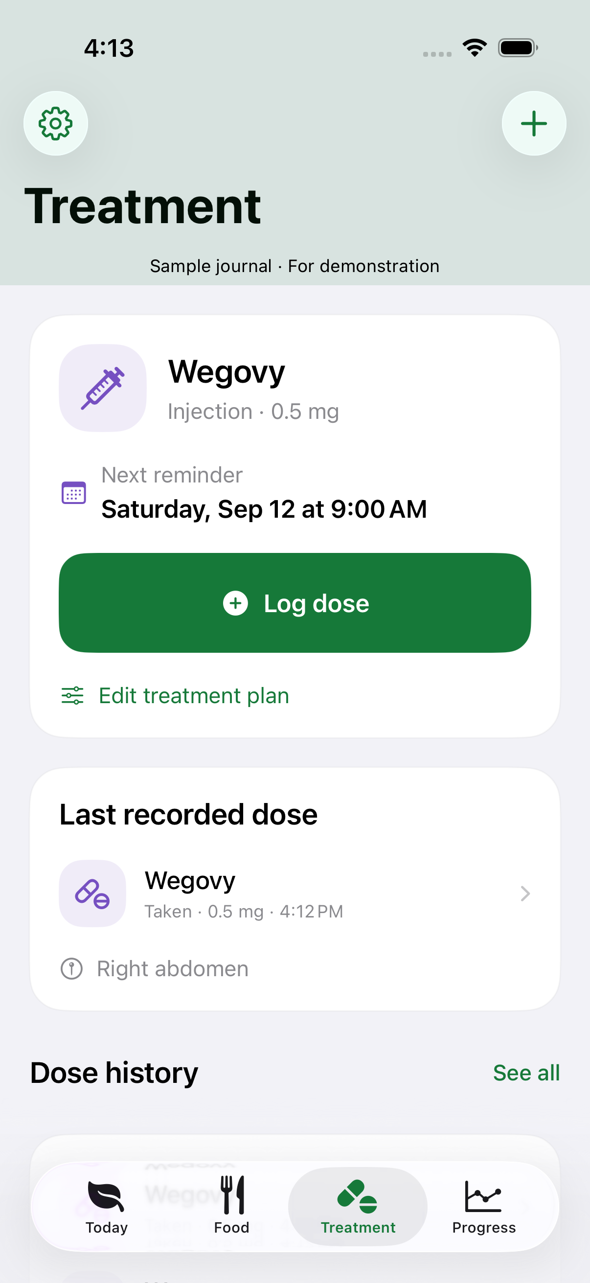Nourish Treatment screen with a recorded plan, dose history, and symptoms. Fictional demonstration records.